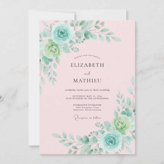 Invitación Boda de Romance Floral Verde Menta (Anverso)