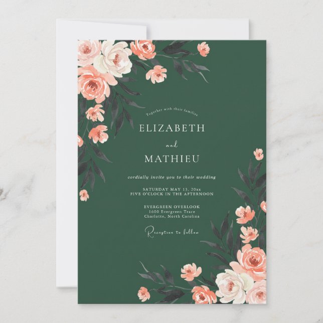 Invitación Boda de Romance Floral Verde Profundo (Anverso)