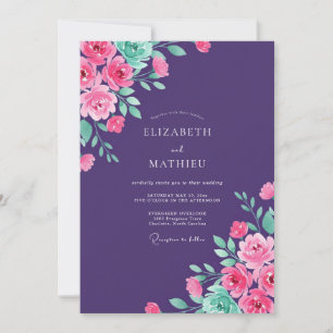 Invitación Boda de Romance Floral Vibrante Ciruela Profunda
