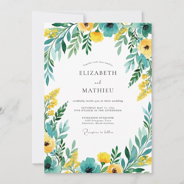 Invitación Boda de romance florecido amarillo turquesa (Anverso)