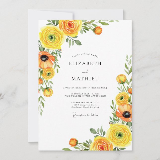 Invitación Boda de Romance Florido Amarillo (Anverso)