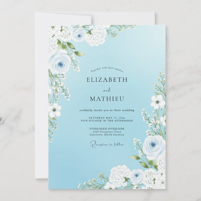Invitación Boda de Romance Florido Cielo Azul (Anverso)