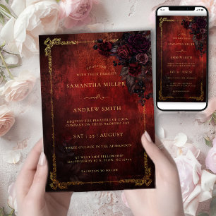 Invitación Boda de Romance Oscuro Malhumorado Burgundy Dorado
