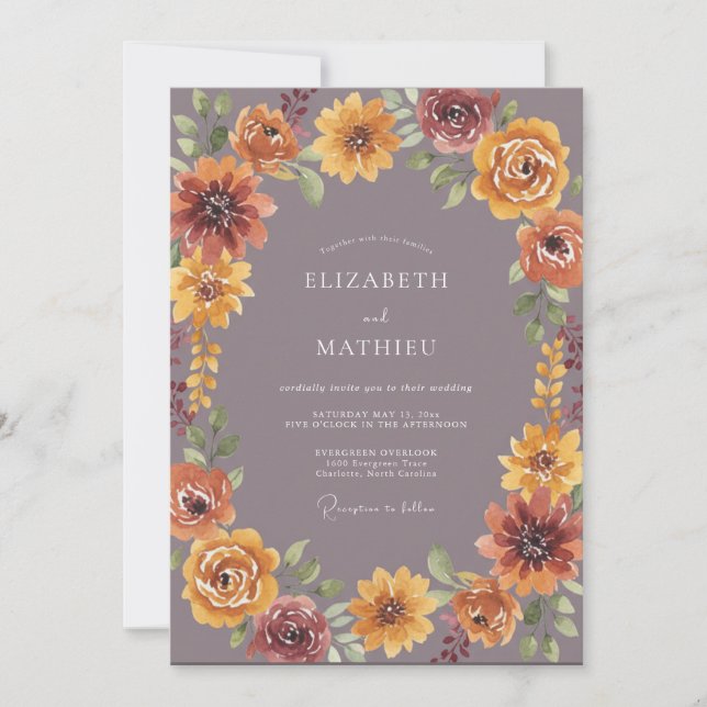 Invitación Boda de Romance Otoñal Flor de Borgoña (Anverso)