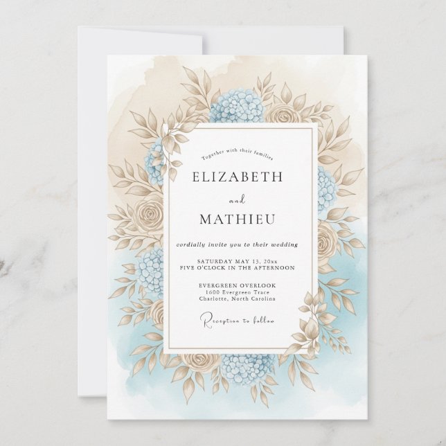 Invitación Boda de Romance Otoñal Floral Azul (Anverso)