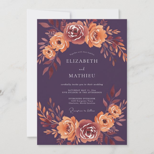 Invitación Boda de Romance Otoñal Floral Ciruela (Anverso)