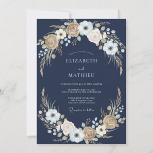 Invitación Boda de Romance Rústico Floral Azul Marino