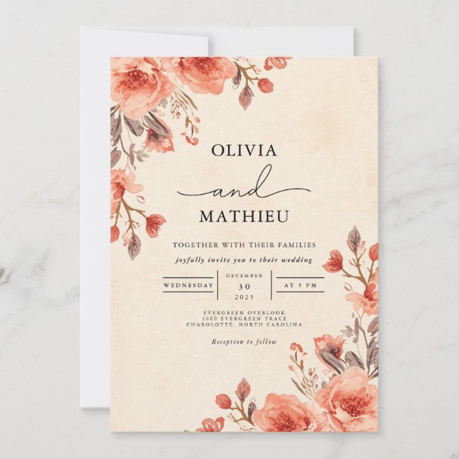 Invitación Boda de romántico floral de Apricot suave (Anverso)