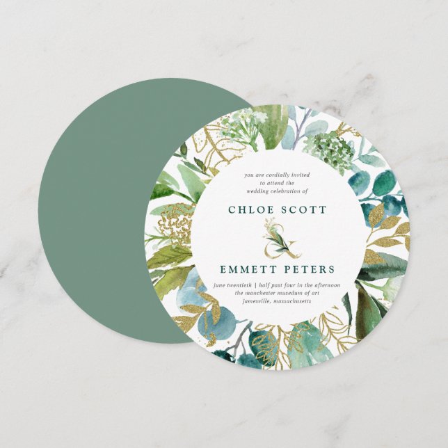Invitación Boda de Ronda Botánica Azul y Oro verde azulado (Anverso / Reverso)