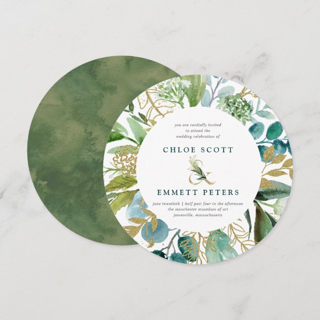 Invitación Boda de Ronda Botánica Azul y Oro verde azulado (Anverso / Reverso)