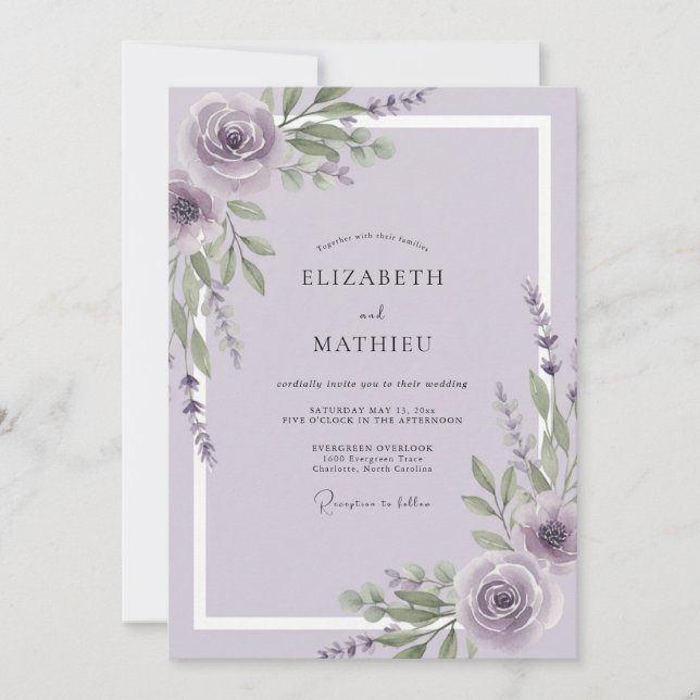 Invitación Boda de Rosa Acuarela Malva (Anverso)