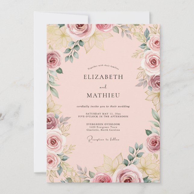 Invitación Boda de Rosa Agraciada Rosa Pastel (Anverso)