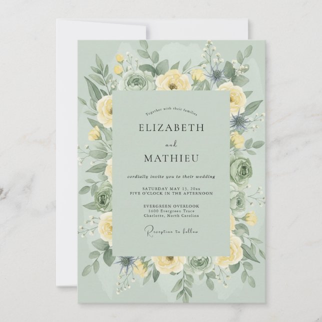 Invitación Boda de Rosa Amarilla Celadón (Anverso)