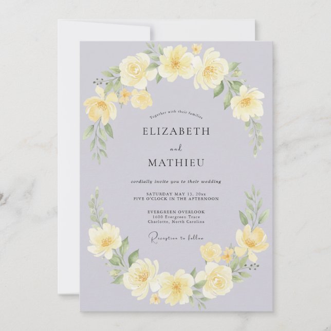 Invitación Boda de Rosa Amarilla Lila Pálida (Anverso)