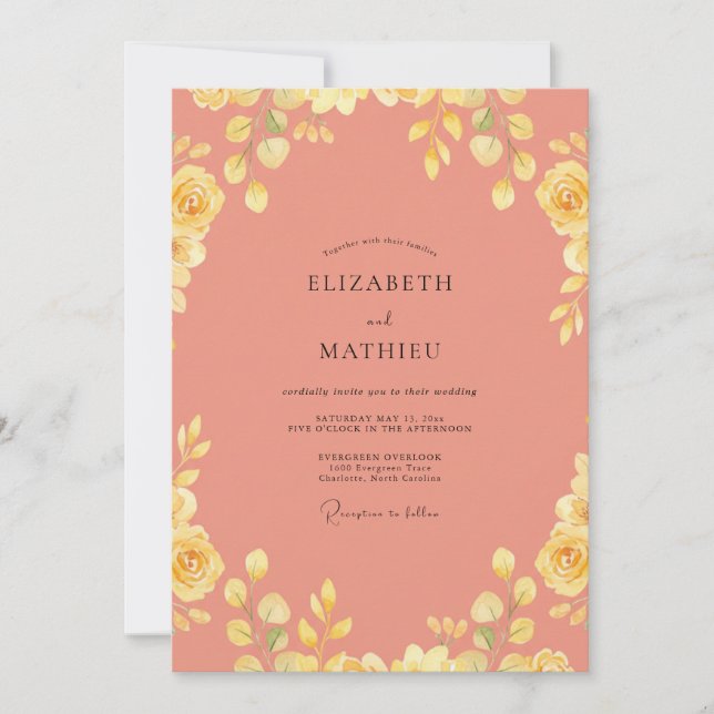 Invitación Boda de Rosa Amarillo Coral (Anverso)