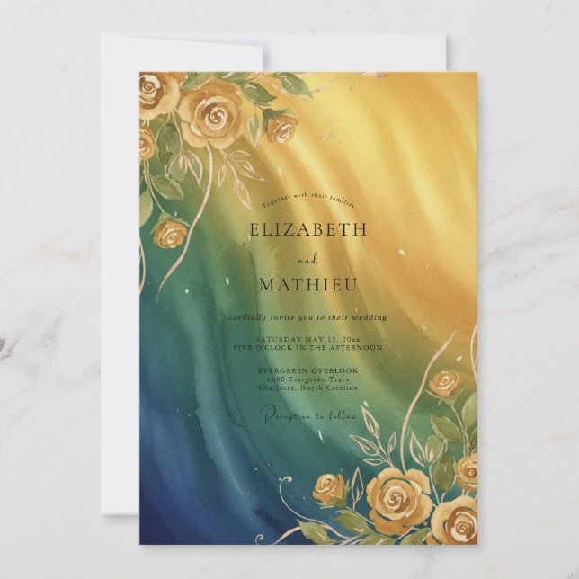 Invitación Boda de Rosa Ámbar Acuática (Anverso)