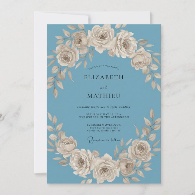 Invitación Boda de Rosa Atemporal Azul Polvoriento (Anverso)
