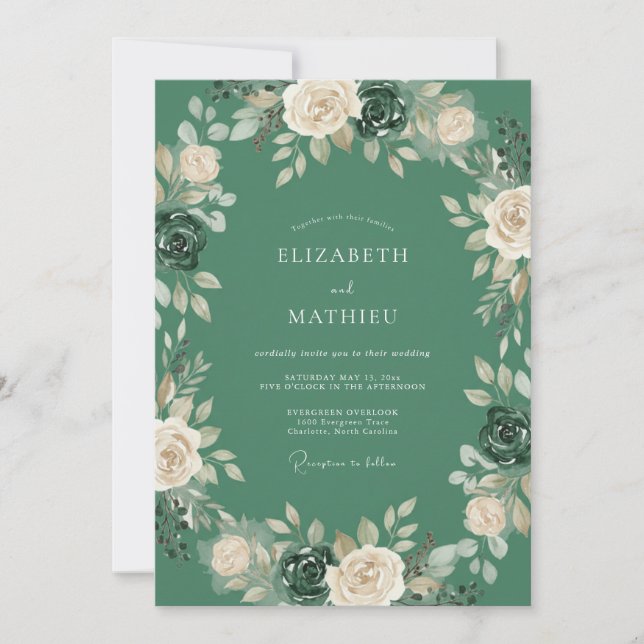 Invitación Boda de Rosa Atemporal Verde Bosque (Anverso)