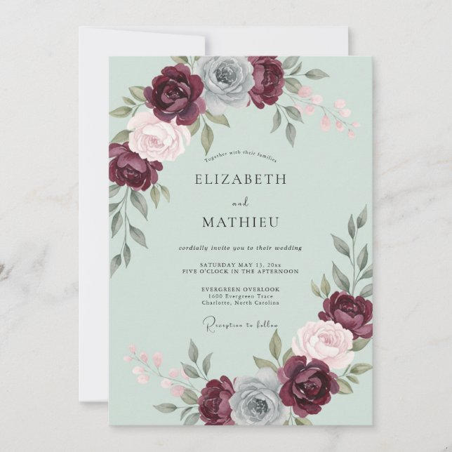 Invitación Boda de Rosa Atractiva Borgoña (Anverso)