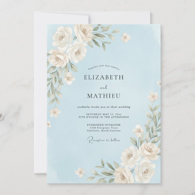 Invitación Boda de Rosa Azul Celeste (Anverso)