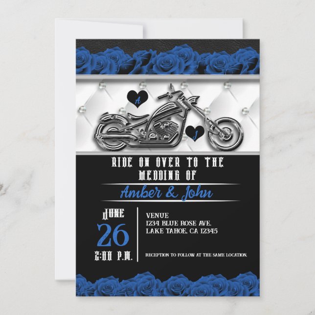 Invitación Boda de Rosa azul de cuero para motocicleta para m (Anverso)