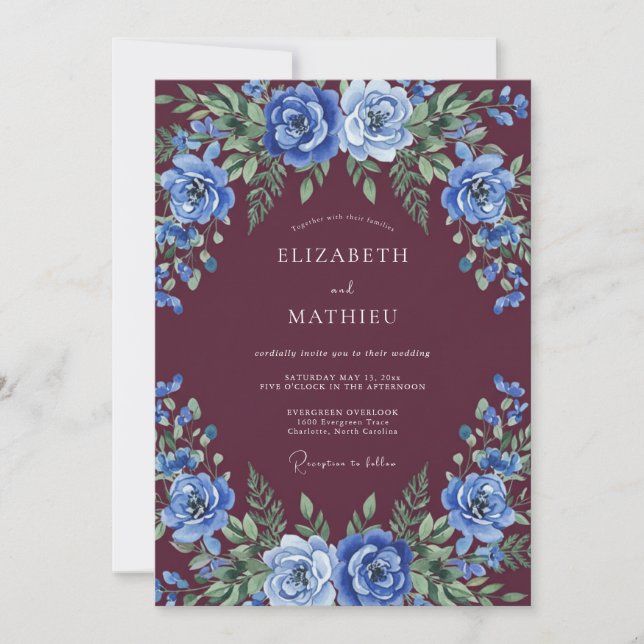 Invitación Boda de Rosa Azul Lujosa Borgoña (Anverso)