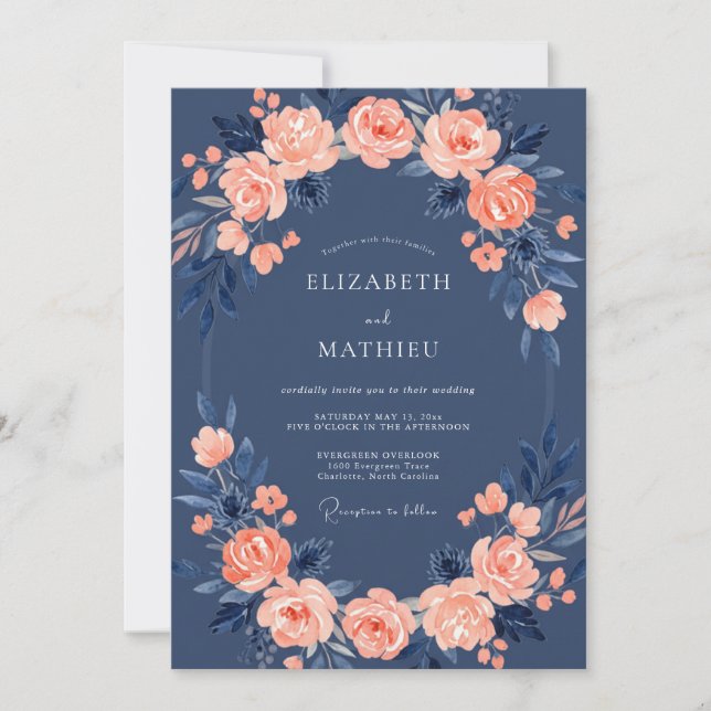 Invitación Boda de Rosa Azul Marítimo (Anverso)