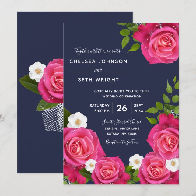 Invitación Boda de rosa azul y azul medianoche (Anverso / Reverso)