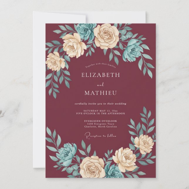 Invitación Boda de Rosa Azulada Ornada de Borgoña (Anverso)