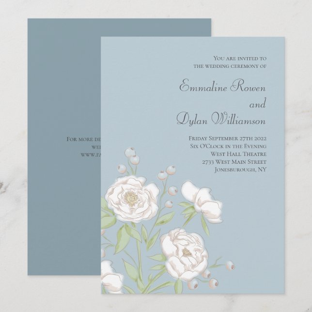 Invitación Boda de Rosa Blanca Azul Polvorienta (Anverso / Reverso)