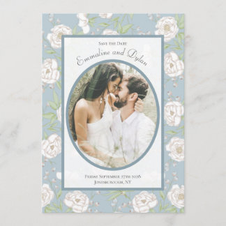 Invitación Boda de rosa blanca azul polvorienta Foto Guarde l