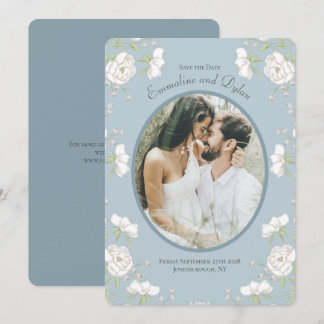 Invitación Boda de rosa blanca azul polvorienta Foto Guarde l