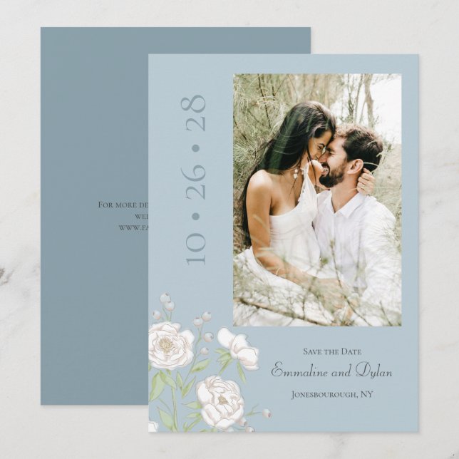 Invitación Boda de Rosa Blanca Azul Polvoriento Guardar la Fe (Anverso / Reverso)