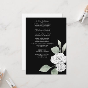 Invitación Boda de Rosa Blanca Elegante Follaje Negro