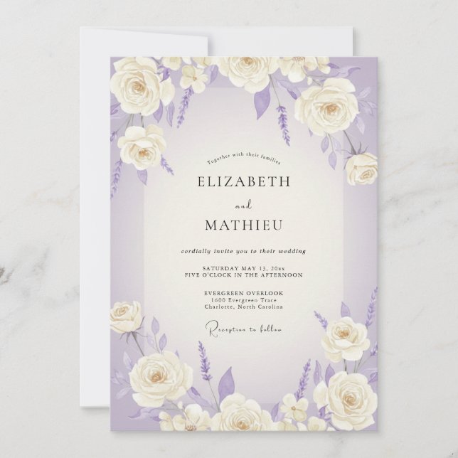 Invitación Boda de Rosa Blanca Periwinkle (Anverso)