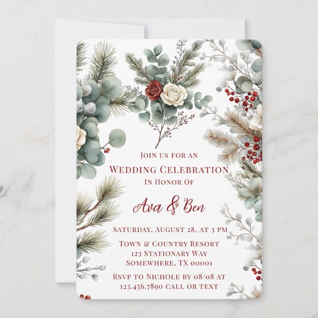 Invitación Boda de Rosa Blanca Roja Floral de Invierno (Anverso)