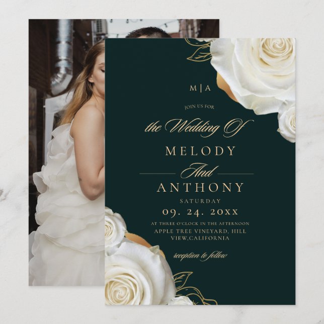 Invitación Boda de Rosa Blanca Verde Esmeralda Chic Moderno  (Anverso / Reverso)