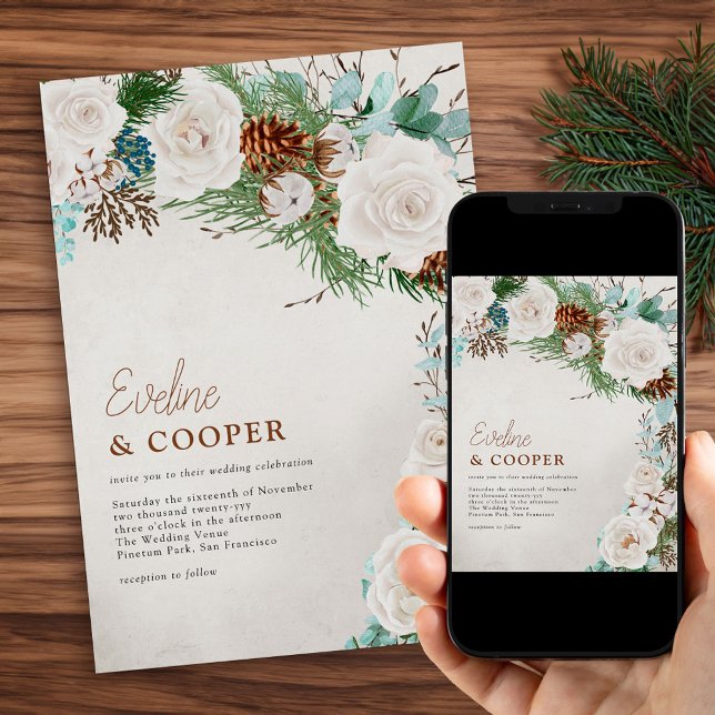 Invitación Boda de Rosa Blanca y Cono de Pino en Invierno (Winter Wedding Invitation with Pine Eucalyptus and White Roses. Order Printed or Printable Download.)