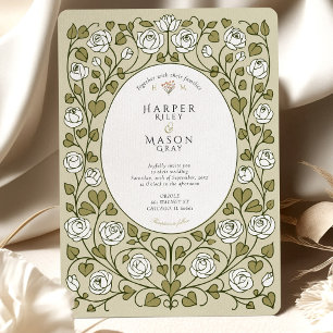 Invitación Boda de Rosa Blanca y Corazón Verde Elegante