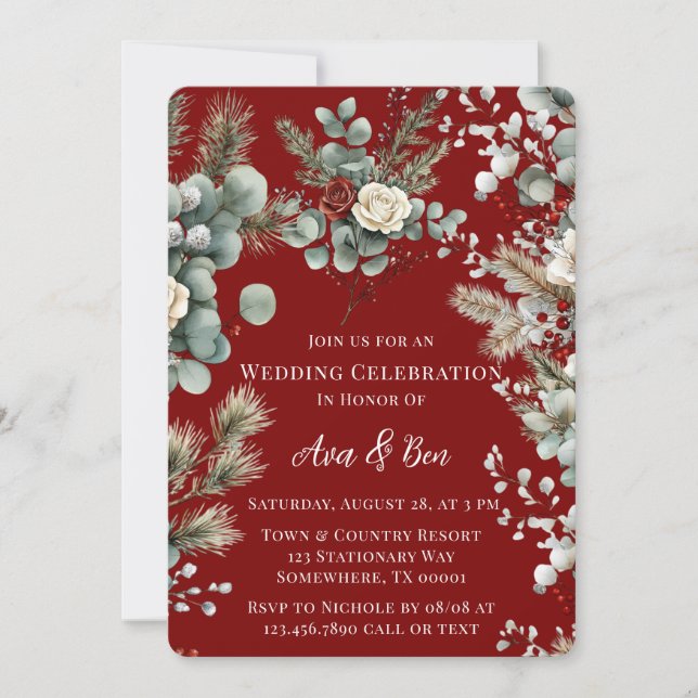 Invitación Boda de rosa blanco rojo floral de invierno (Anverso)