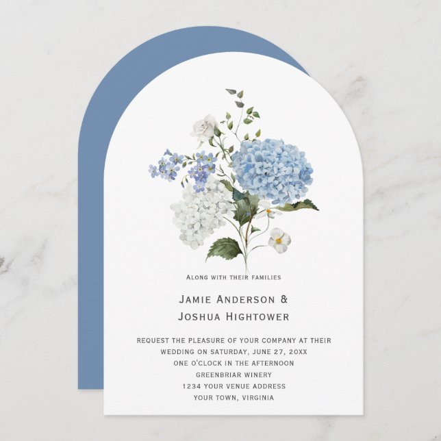 Invitación Boda de rosa blanco y azul de Hydrangea (Anverso / Reverso)