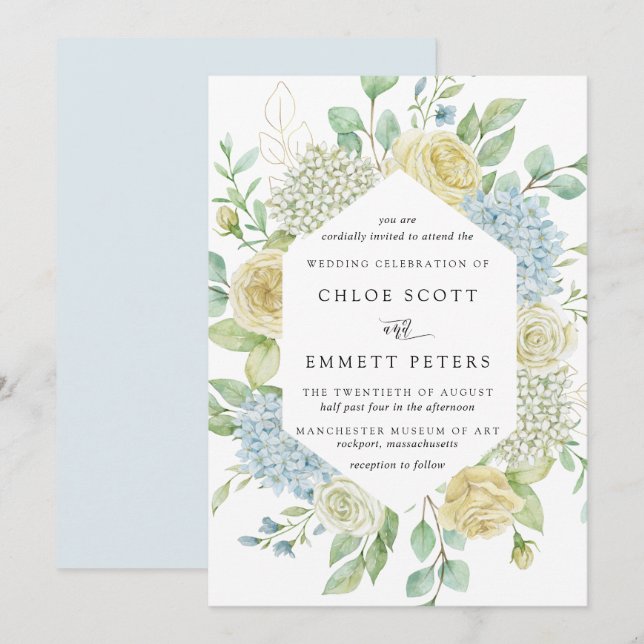 Invitación Boda de rosa blanco y hidrangea azul (Anverso / Reverso)
