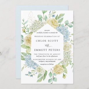 Invitación Boda de rosa blanco y hidrangea azul