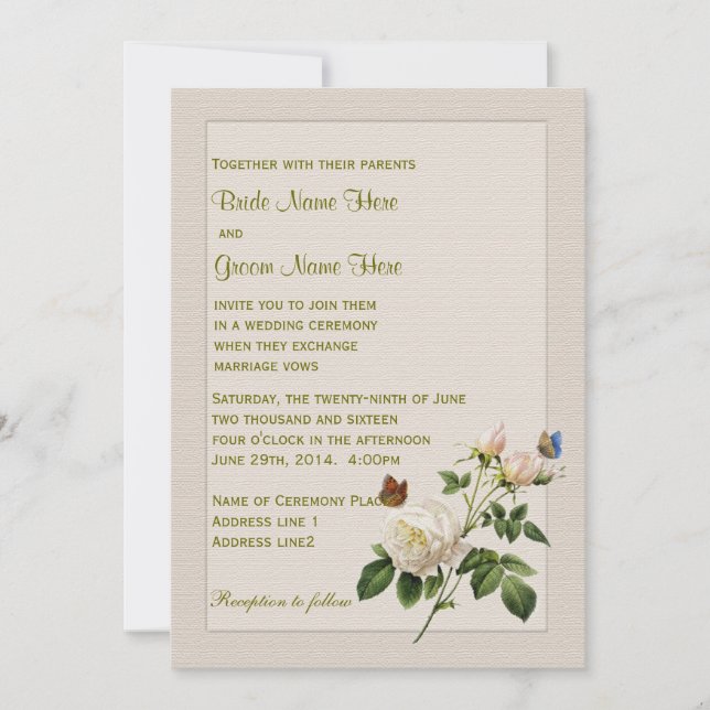 Invitación Boda de rosa blanco y mariposas vintage (Anverso)