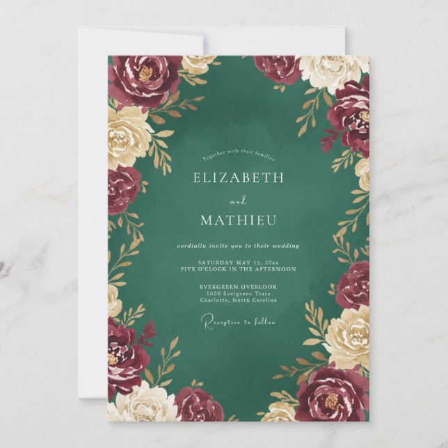 Invitación Boda de Rosa Borgoña Esmeralda (Anverso)