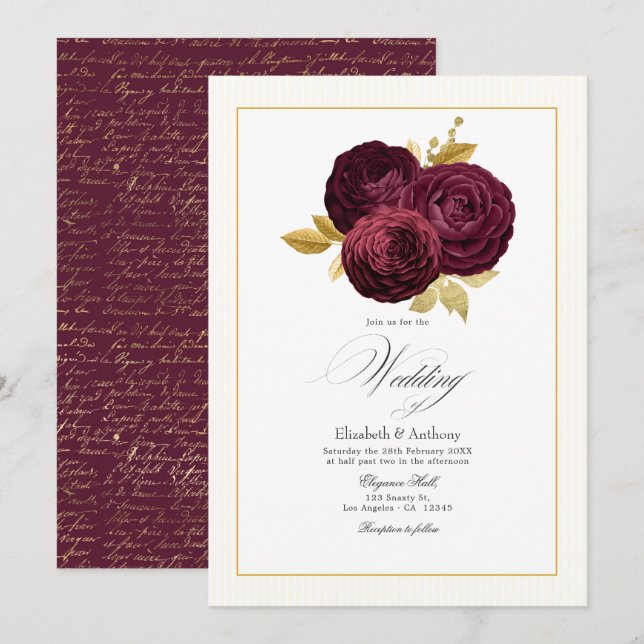 Invitación Boda de Rosa Burgundy y Dorada (Anverso / Reverso)
