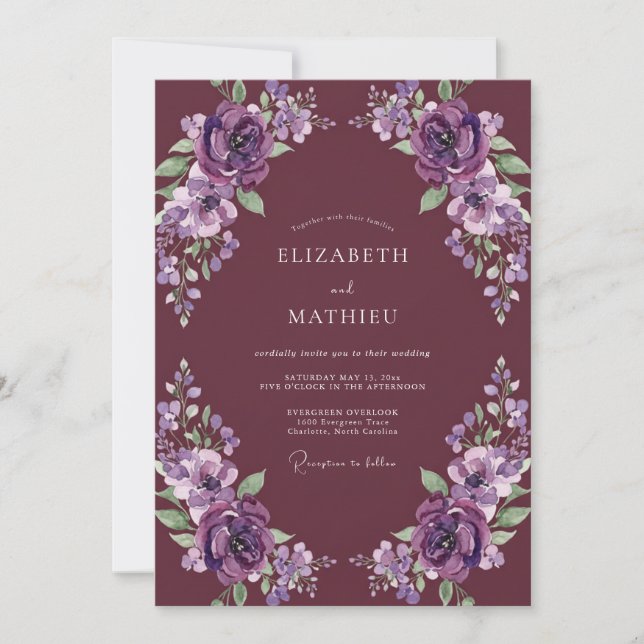 Invitación Boda de Rosa Cálida Pintada de Ciruela (Anverso)