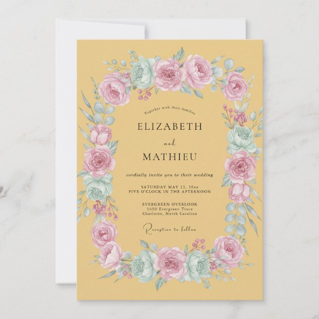 Invitación Boda de Rosa Caprichosa Amarillo Mostaza (Anverso)