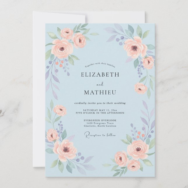 Invitación Boda de Rosa Caprichosa Azul Polvo (Anverso)