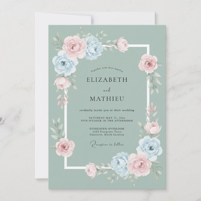 Invitación Boda de Rosa Caprichosa Verde Salvia (Anverso)